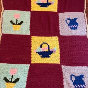 Handmade Colorful Crochet Blanket with Teapot and Flower Design Cottage Core